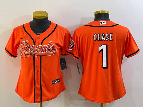 Youth Cincinnati Bengals #1 Ja'Marr Chase Orange With Patch Cool Base Stitched Baseball Jersey